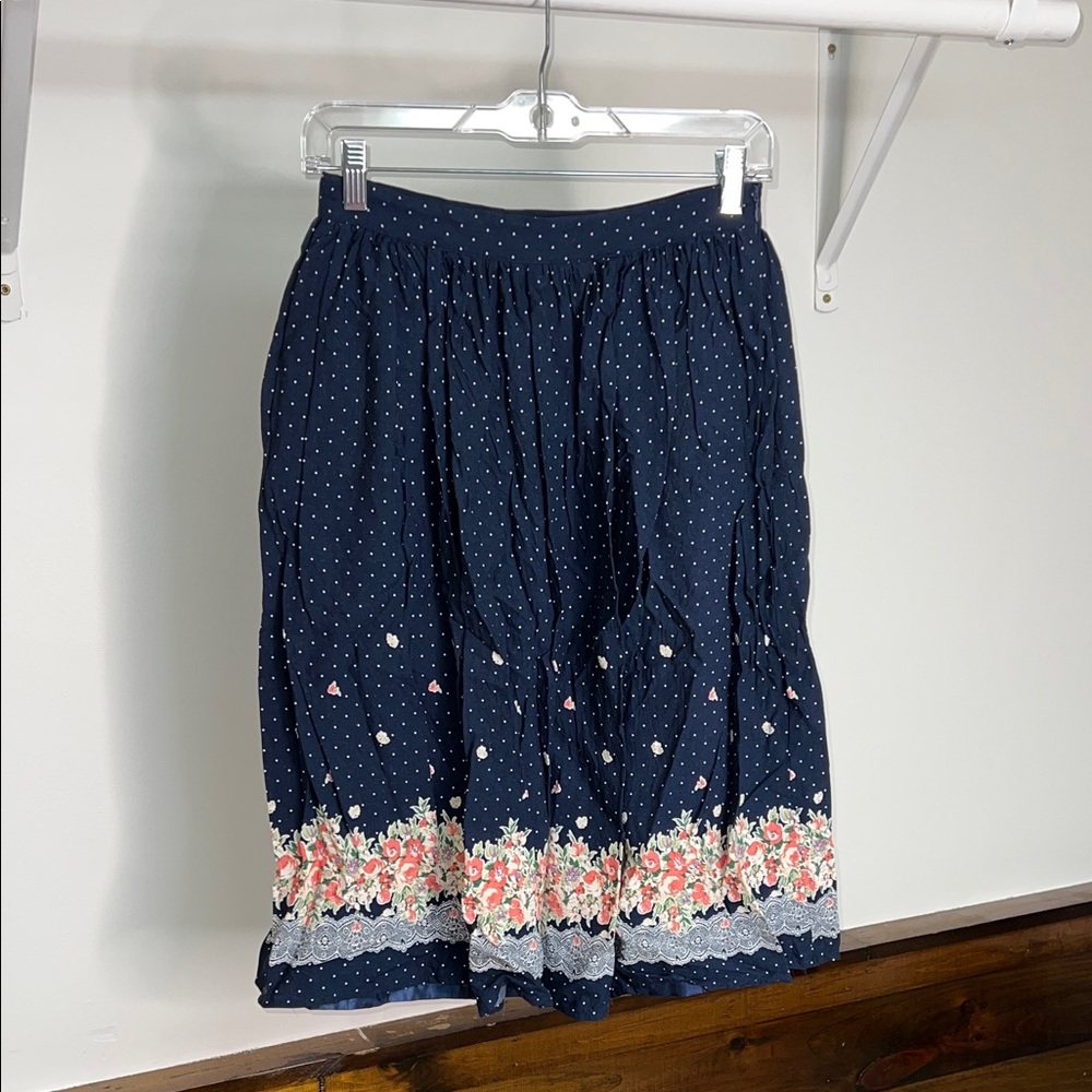 Vintage Navy Blue Floral Women's Skirt- M